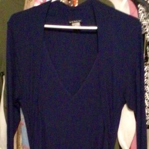 Navy Blue long sleeve full length one piece dress with over the shoulder detail.